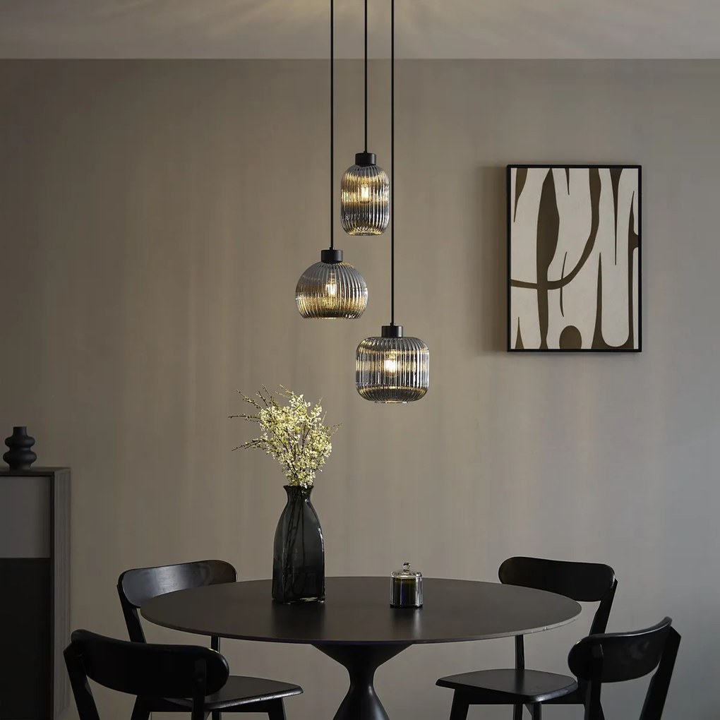 Smart hanglamp zwart met smoke glas 3-lichts incl. Wifi A60 - Ana