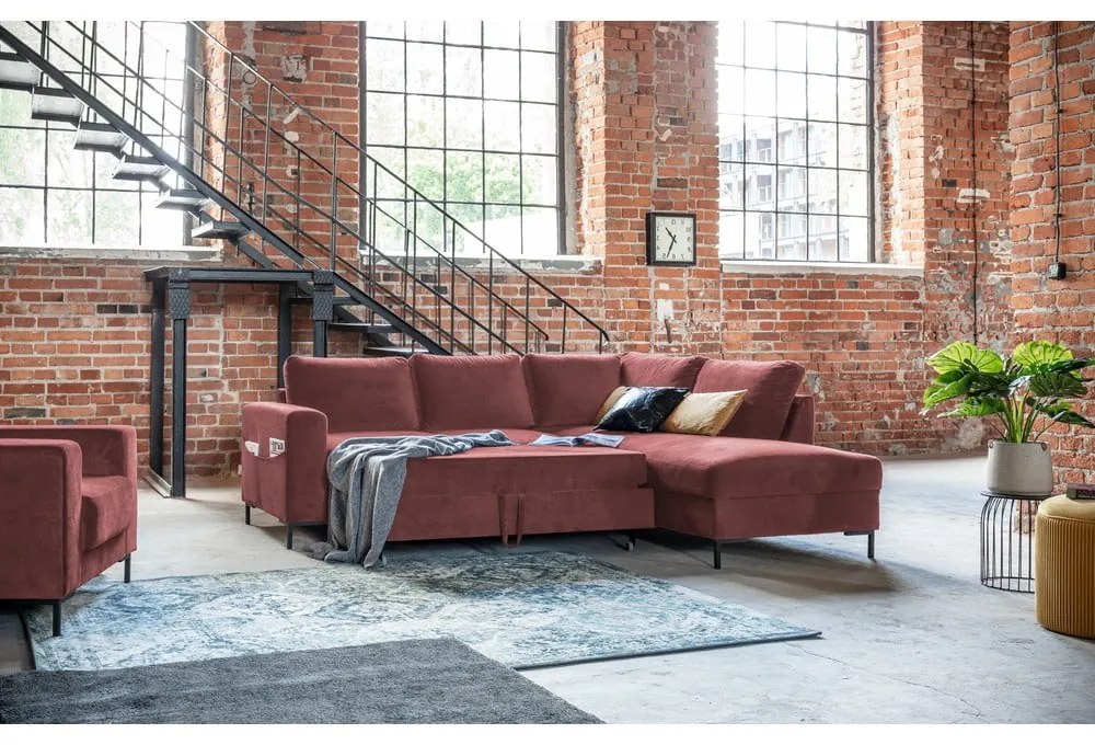 Розов кадифен разтегателен ъглов диван (десен ъгъл) Lofty Lilly – Miuform