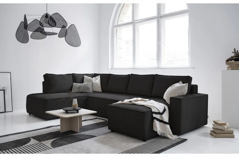 Антрацитен разтегателен ъглов диван от рипсено кадифе (ляв ъгъл/"U" форма) Brave Dave – Miuform