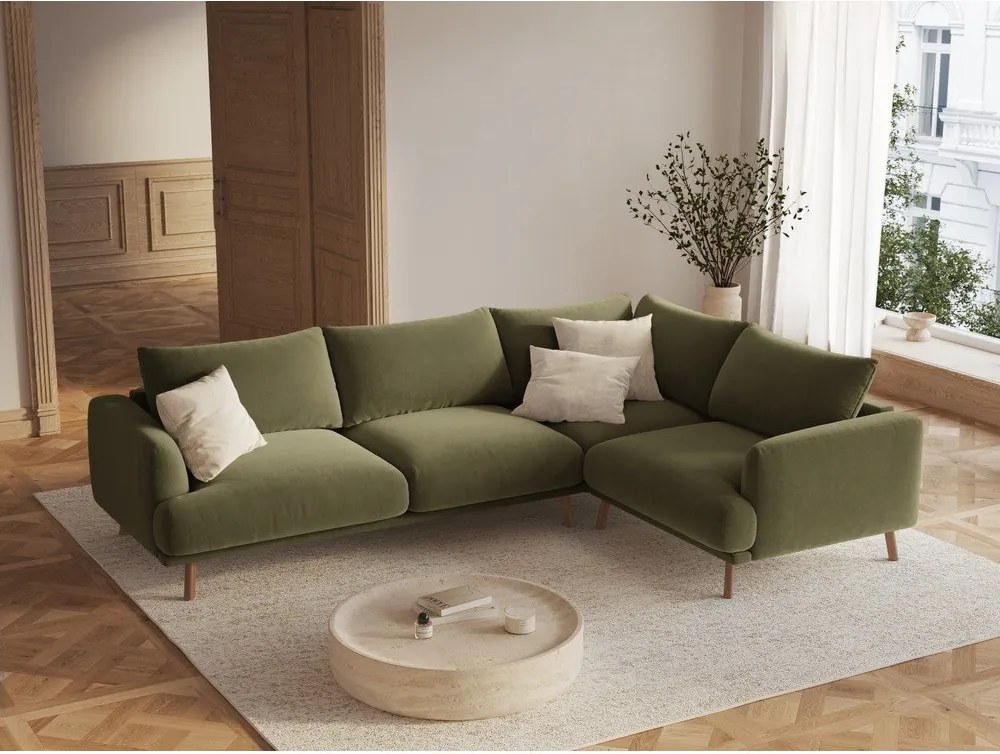 Зелен кадифен ъглов диван (десен ъгъл/L форма) Naomi – Micadoni