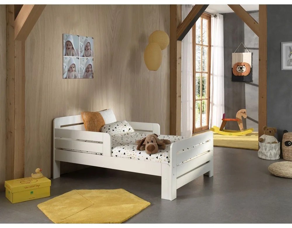 Бял детско легло за подрастващи от масивен бор с място за съхранение и включен матрак с подматрачна рамка Jumper – Vipack