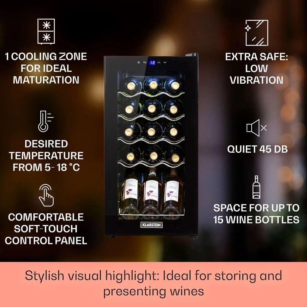 Klarstein Shiraz 15 Slim Uno, охладител за вино, 44 л, сензорен, 135 W, 5 - 18 °C, черен