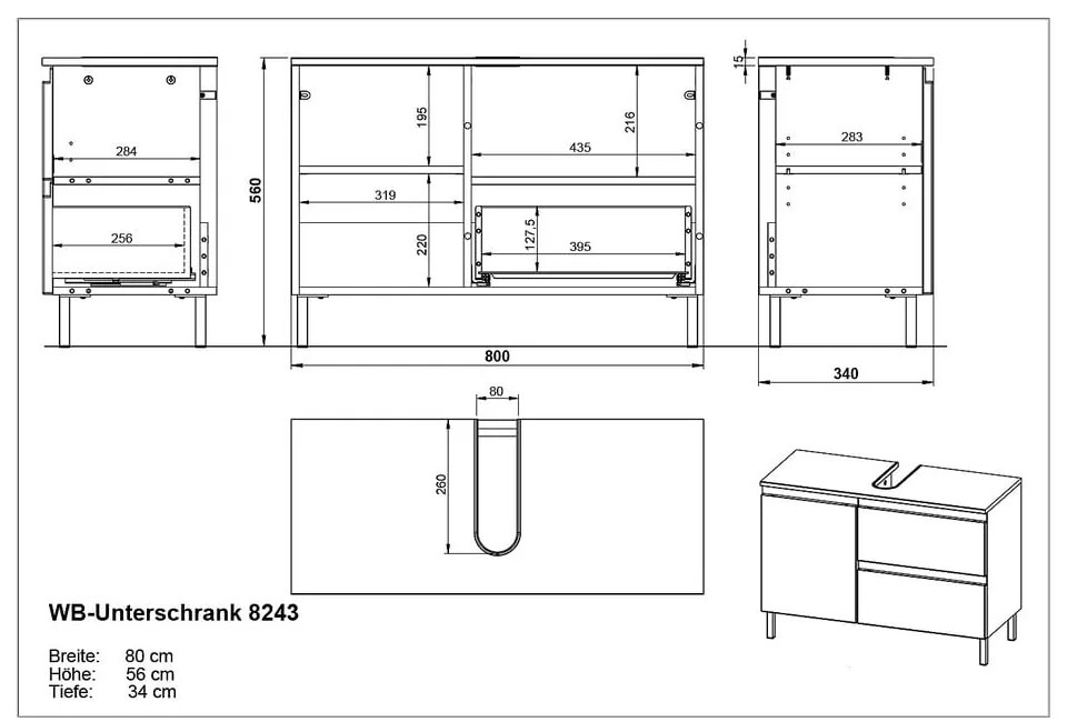 Тъмно сив шкаф под умивалника в дъб 80x56 cm Salinas - Germania