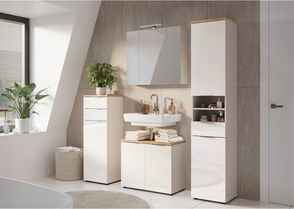 Кремав гланцов висок/тесен шкаф за баня 39x112 cm Tavira – Germania