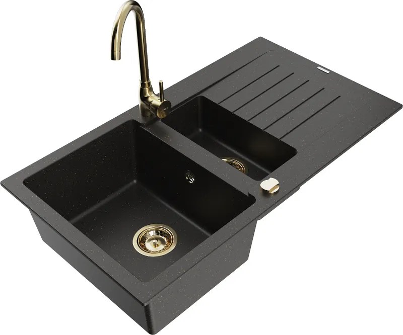 Mexen Matias гранитна мивка 1,5-камерна с отцедник и кухненски смесител Telma, черно/златно - 6502-75-670200-50