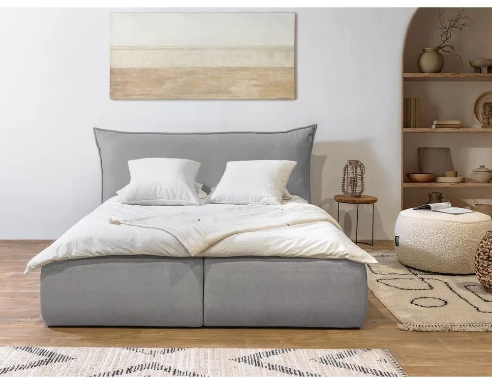 Светлосиво тапицирано двойно легло с място за съхранение с решетка 160x200 cm Jade - Bobochic Paris