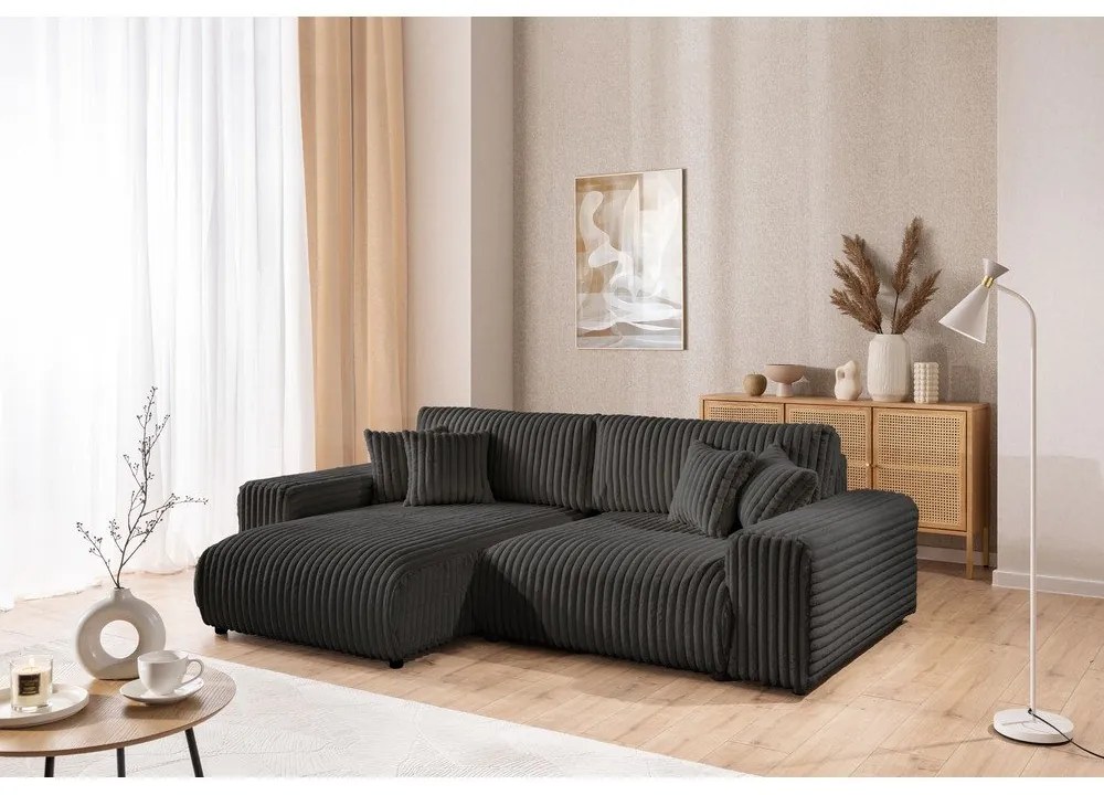 Тъмносив разтегателен ъглов диван от рипсено кадифе с място за съхранение (ляв ъгъл) Sarina – Ropez