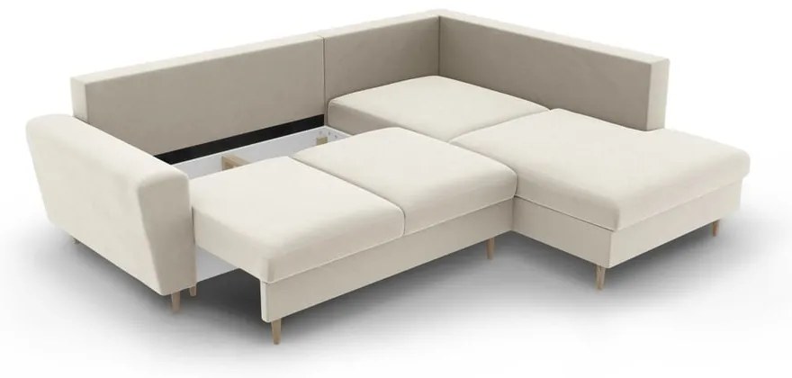 Бежов кадифен разтегателен ъглов диван с място за съхранение (десен ъгъл/L форма) Kyoto – Cosmopolitan Design