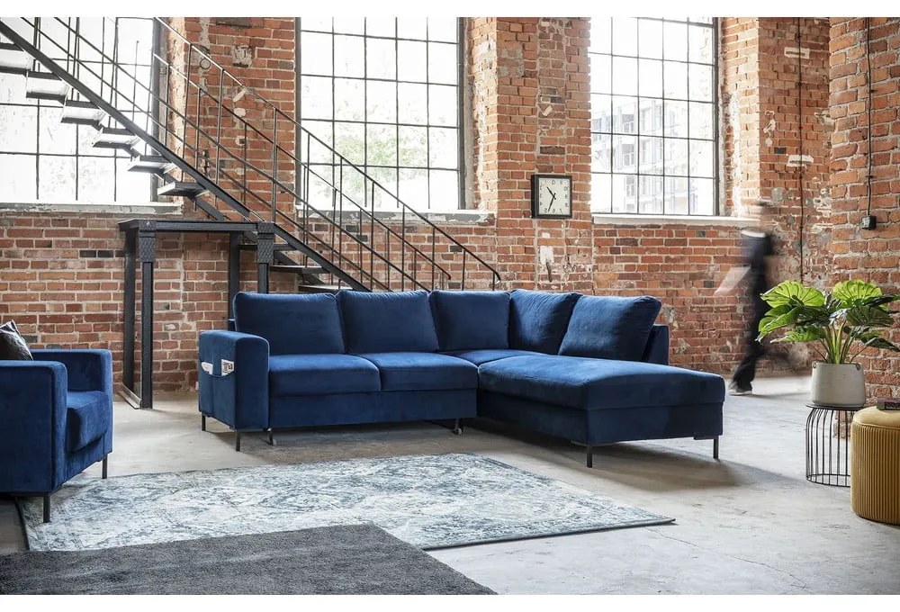 Тъмносин кадифен разтегателен ъглов диван (десен ъгъл) Lofty Lilly – Miuform