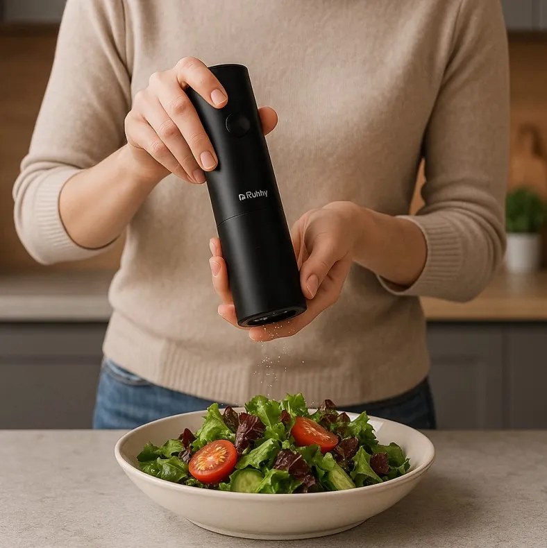 Комплект електрически мелнички за сол и пипер Ruhhy, LED светлина, черни