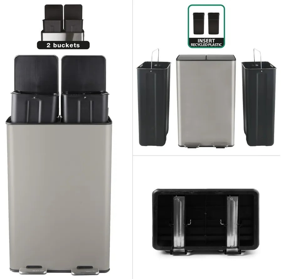 Кафяво-сиво стоманено кошче за боклук 2x30 l за рециклиране с педал Aliya – Spirella