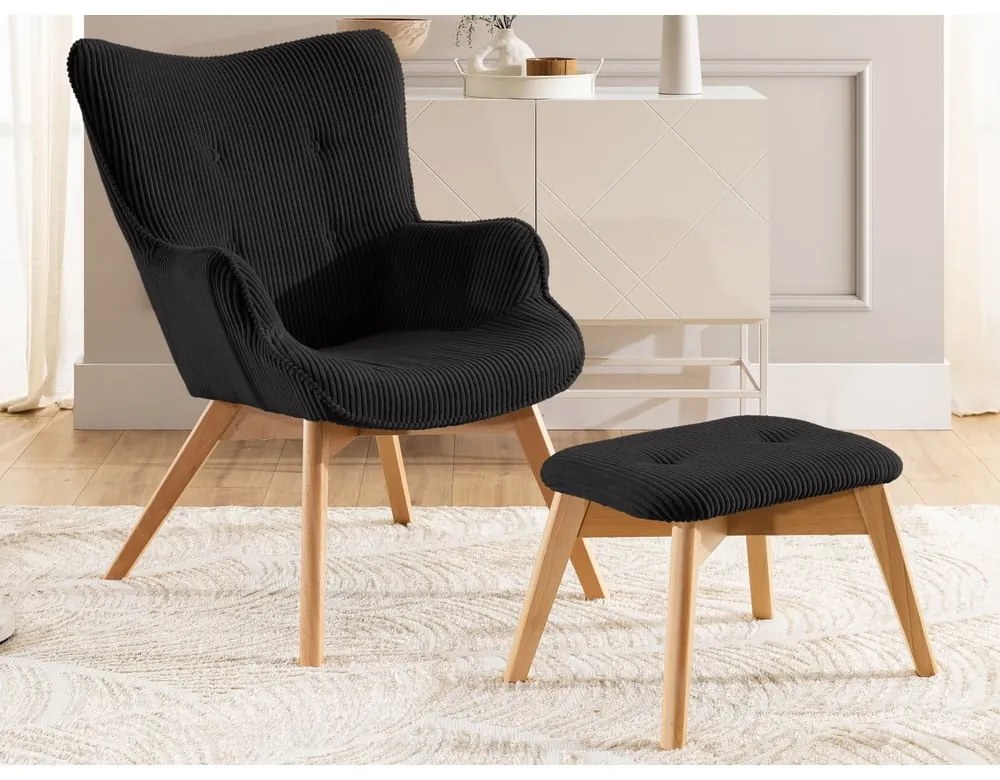 Черен фотьойл с табуретка от рипсено кадифе Niko – Ropez