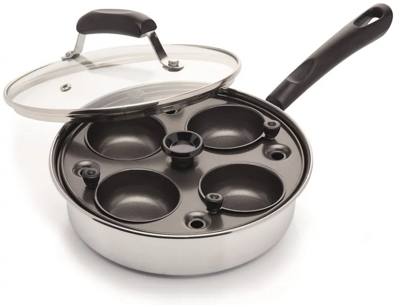 Тиган за яйца бенедикт KitchenCraft KCPOACH4, 21 см, 5 л, Капак, 4 сваляеми форми, Функция дълбок тиган, Индукция, Инокс/сребрист