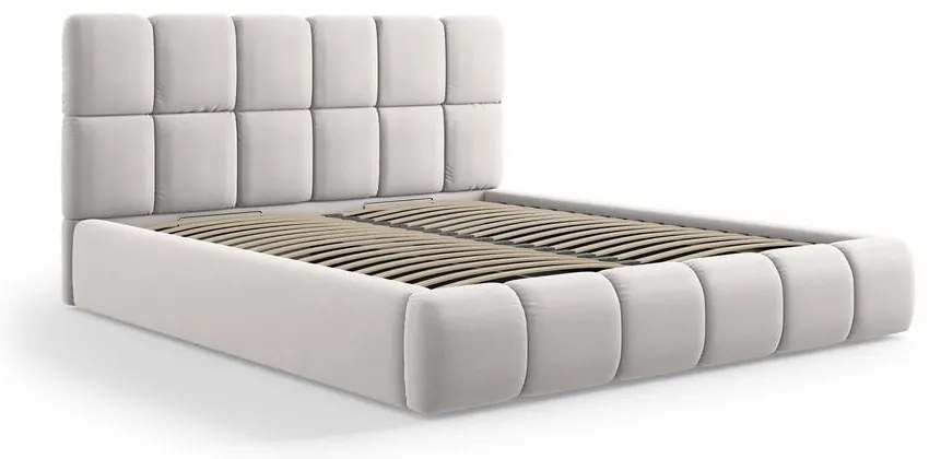 Светлосиво тапицирано кадифено двойно легло с място за съхранение с включена подматрачна рамка 180x200 cm Bellis – Micadoni