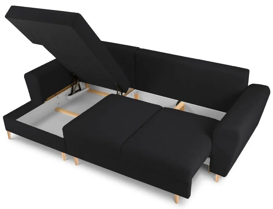 Черен разтегателен ъглов диван с място за съхранение от прежда с примки от букле (ляв ъгъл) Kyoto – Cosmopolitan Design