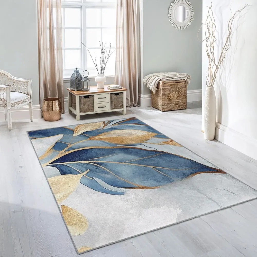 Синьо-златиста пътека подходяща за пране 80x200 cm Golden Leaves – Mila Home
