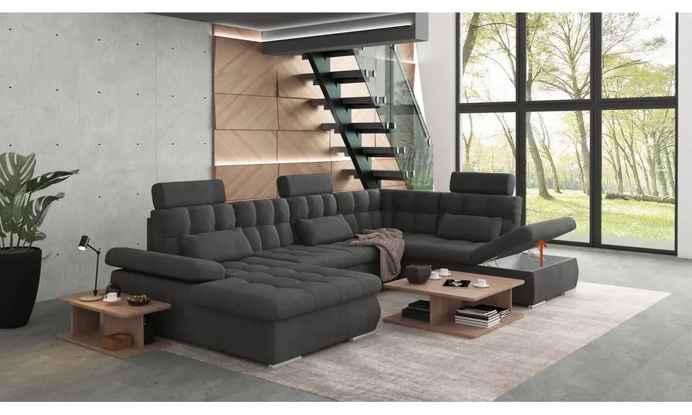 Антрацитен разтегателен ъглов диван с място за съхранение (десен ъгъл/U форма) Merkur – Ropez