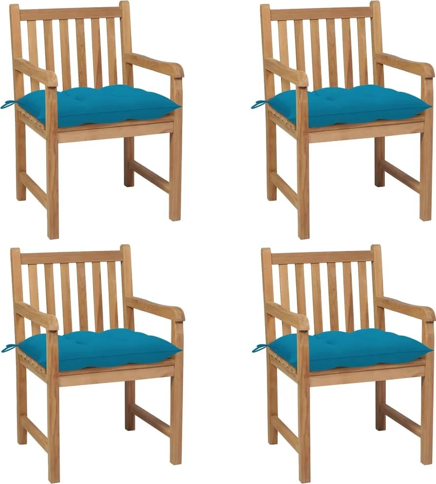 3073023 vidaXL Градински столове, 4 бр, светлосини възглавници, тик масив