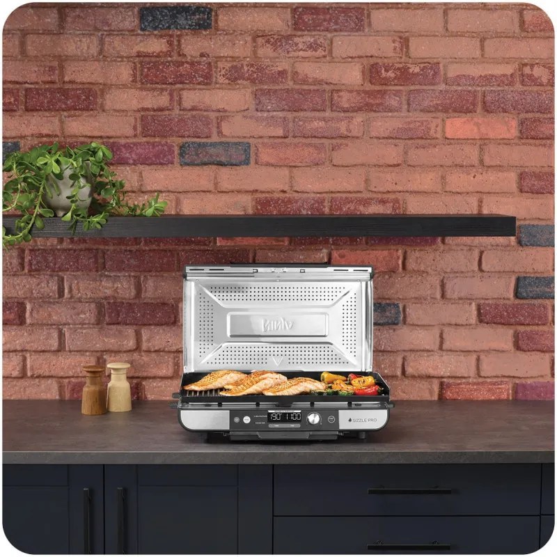 Електрически грил Ninja Sizzle Pro XL GX101EU, 1800W, 120°-260°C, 2 керамични плочи, 10 бургера, ProTemp IQ, Сваляем капак, Черен/инокс