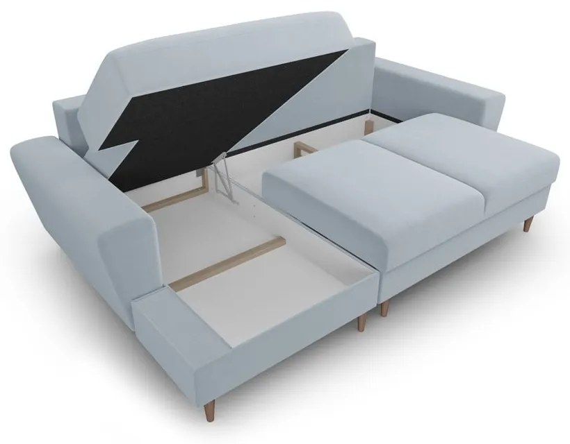 Светлосин кадифен разтегателен ъглов диван с място за съхранение (ляв ъгъл) Kyoto – Cosmopolitan Design