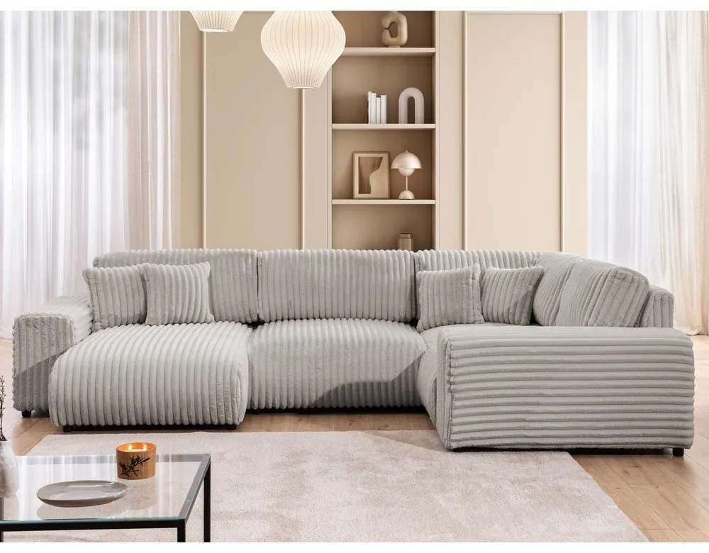 Светлосив ъглов диван от рипсено кадифе (десен ъгъл/U форма) Justin – Ropez
