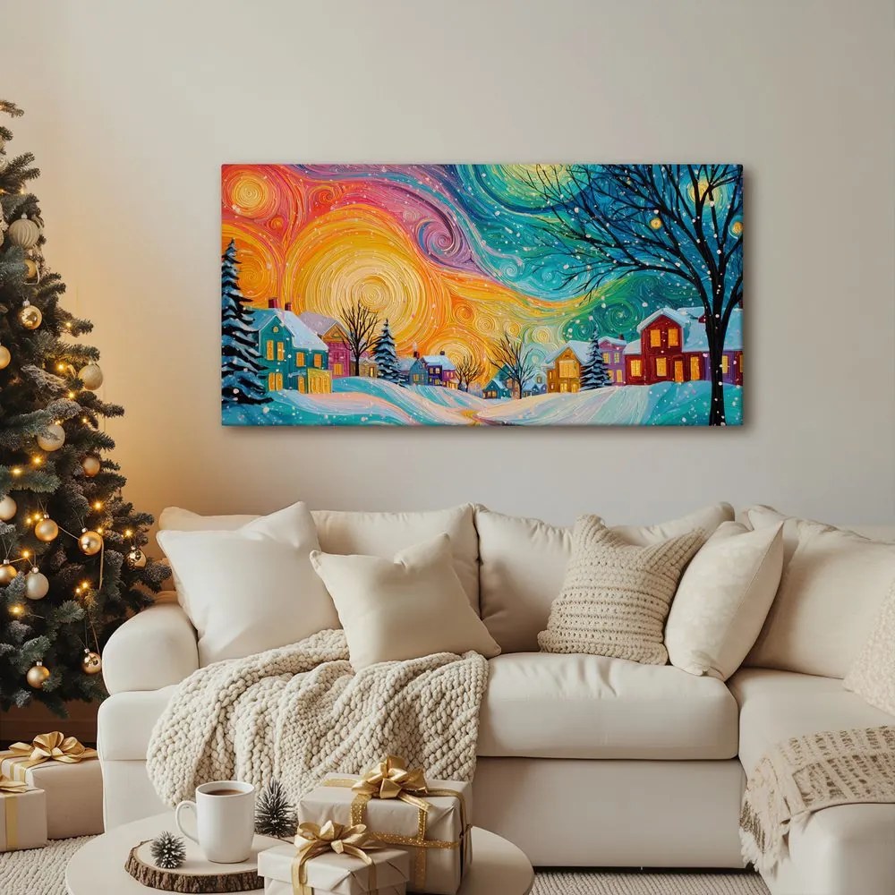 Картина на платно Коледна – Цветни къщи в магическа нощ
