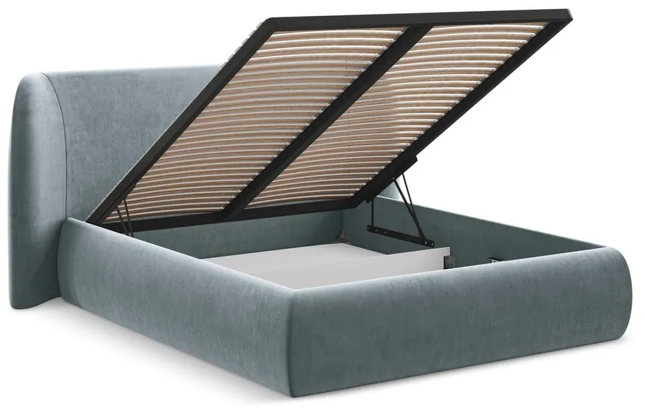 Светлосиньо двойно тапицирано легло с място за съхранение и включена подматрачна рамка 140x200 cm Hauke – Makamii