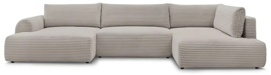 Светлосив/бежов сгъваем/с място за съхранение ъглов диван от рипсено кадифе (десен ъгъл/U форма) Lucien – Bobochic Paris