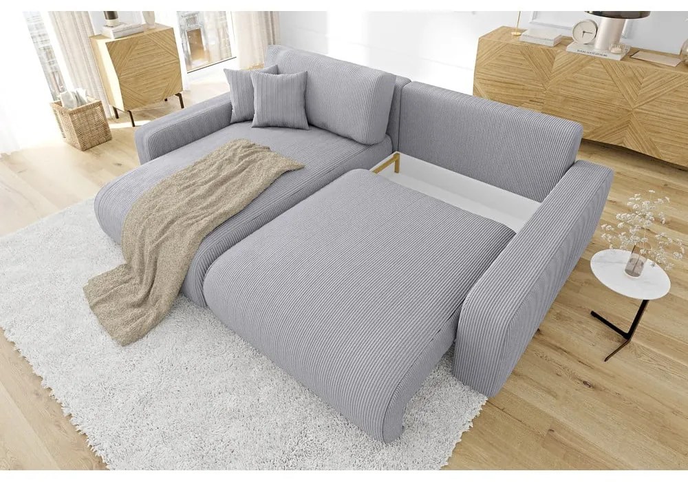 Светлосив разтегателен ъглов диван от рипсено кадифе (променлив) Sara – Ropez