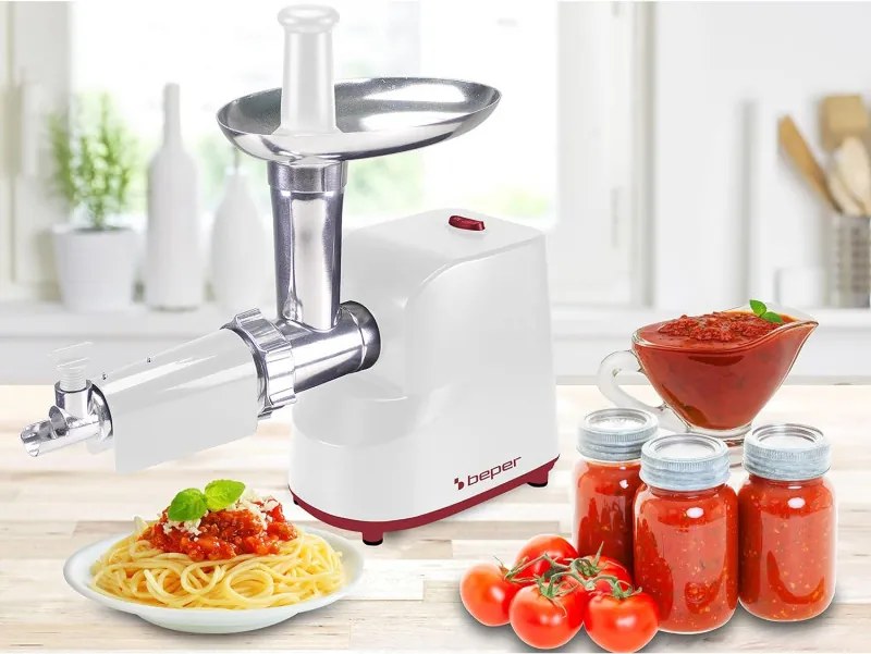 Месомелачка с приставка за домати Beper P102ROB200, 1200W, 3 ножа, ABS, Обратна функция, Бял