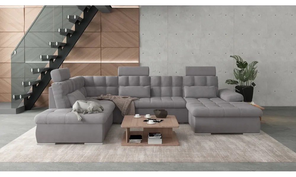 Сив разтегателен ъглов диван с място за съхранение (ляв ъгъл/U форма) Merkur – Ropez