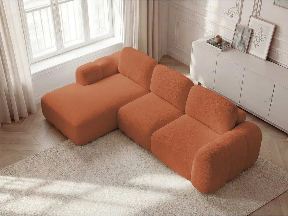 Оранжев сгъваем/с място за съхранение ъглов диван от прежда с примки от букле (ляв ъгъл) Montaigne – Bobochic Paris