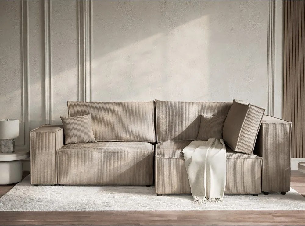 Бежов сгъваем/с място за съхранение ъглов диван от рипсено кадифе (десен ъгъл/L форма) Tonga – Maison de Rêve