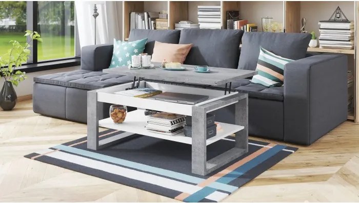 НУО Бетон Милениум/Бял мат -МОДЕРНА ХОЛНА МАСА С ПОВДИГАЩ СЕ ПЛОТ