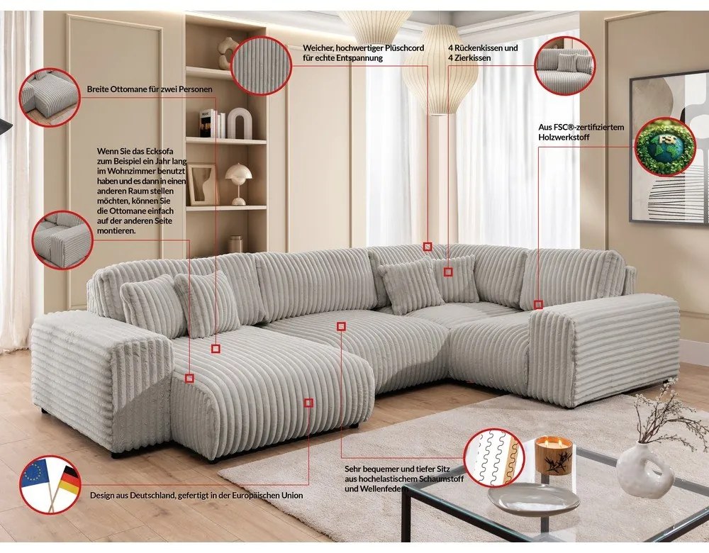 Светлосив ъглов диван от рипсено кадифе (десен ъгъл/U форма) Justin – Ropez