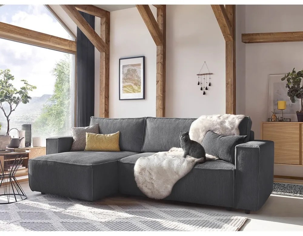 Тъмносив велурен разтегателен диван Nihad - Bobochic Paris