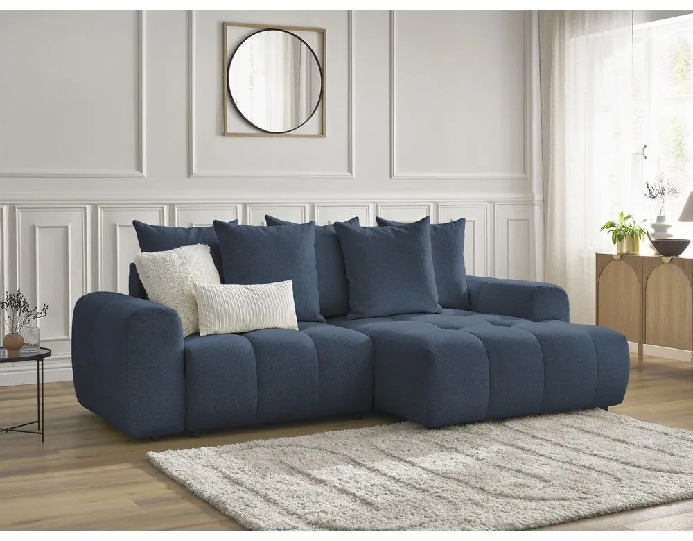 Син шенилов сгъваем/с място за съхранение ъглов диван (десен ъгъл) Roxelane – Bobochic Paris