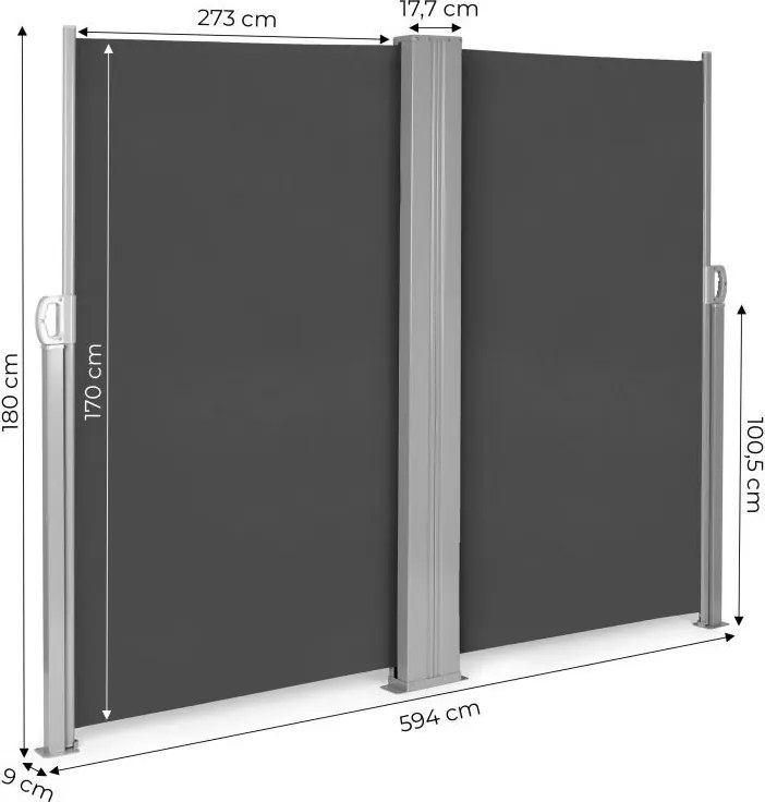 Двойна странична тента, екран 300 x 300 x 180 cm за тераса и балкон - сива