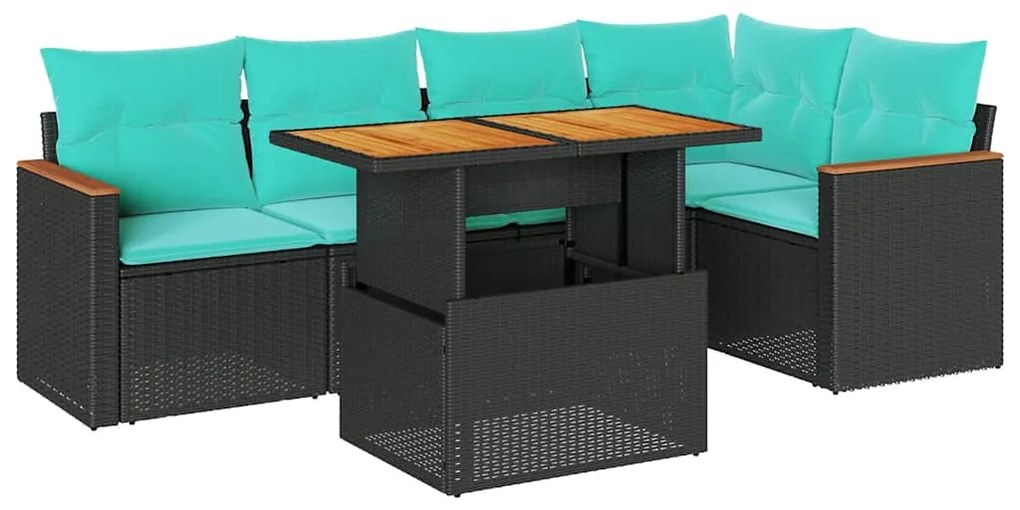 3327487 vidaXL Градински диван с възглавници, 6 части, черен, полиратан