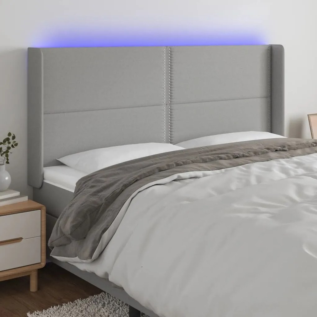 3123914 vidaXL LED горна табла за легло, светлосива, 163x16x118/128 см, плат