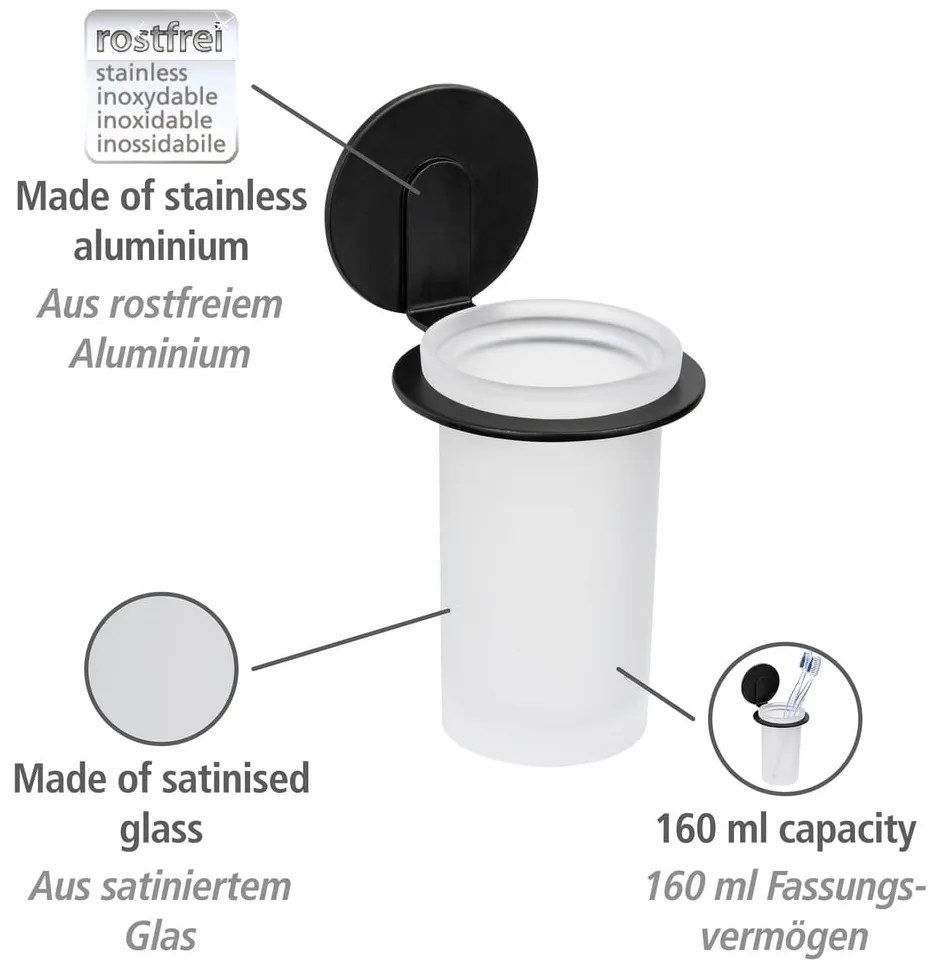 Матово черна самозалепваща стъклена чаша за четки за зъби Bivio – Wenko