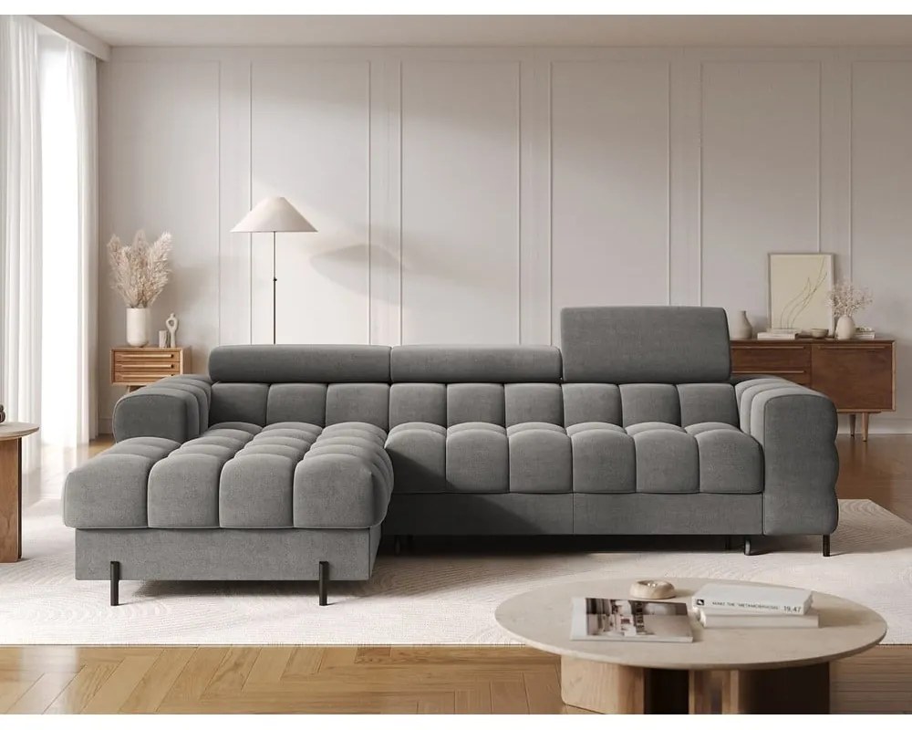 Кафяво-сив кадифен разтегателен ъглов диван с място за съхранение (ляв ъгъл) Felro – ELTAP