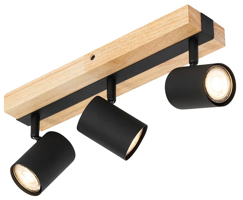 Интелигентен таванен прожектор черен с дърво 3 светлини въртящ се и накланящ се вкл. Wifi GU10 50mm - Jeana