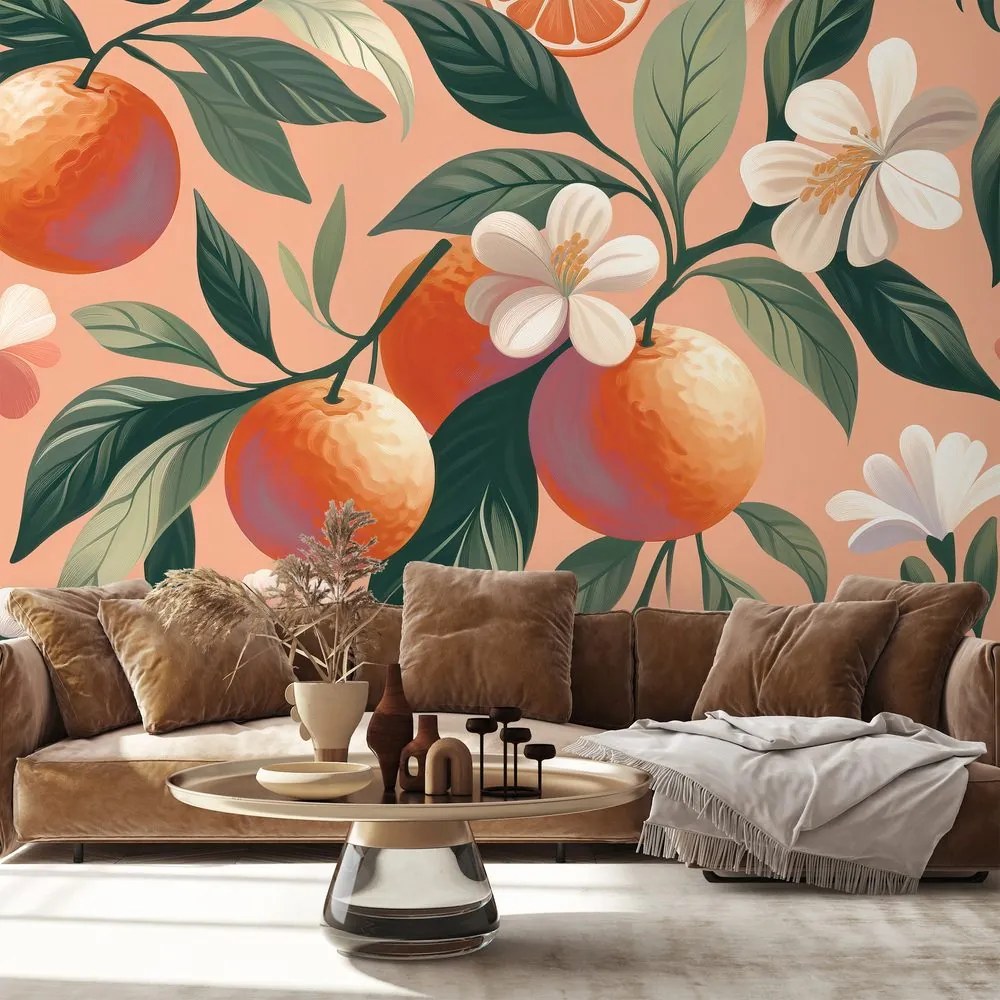 Самозалепващ тапет – Портокали и цветя на кайсиев фон