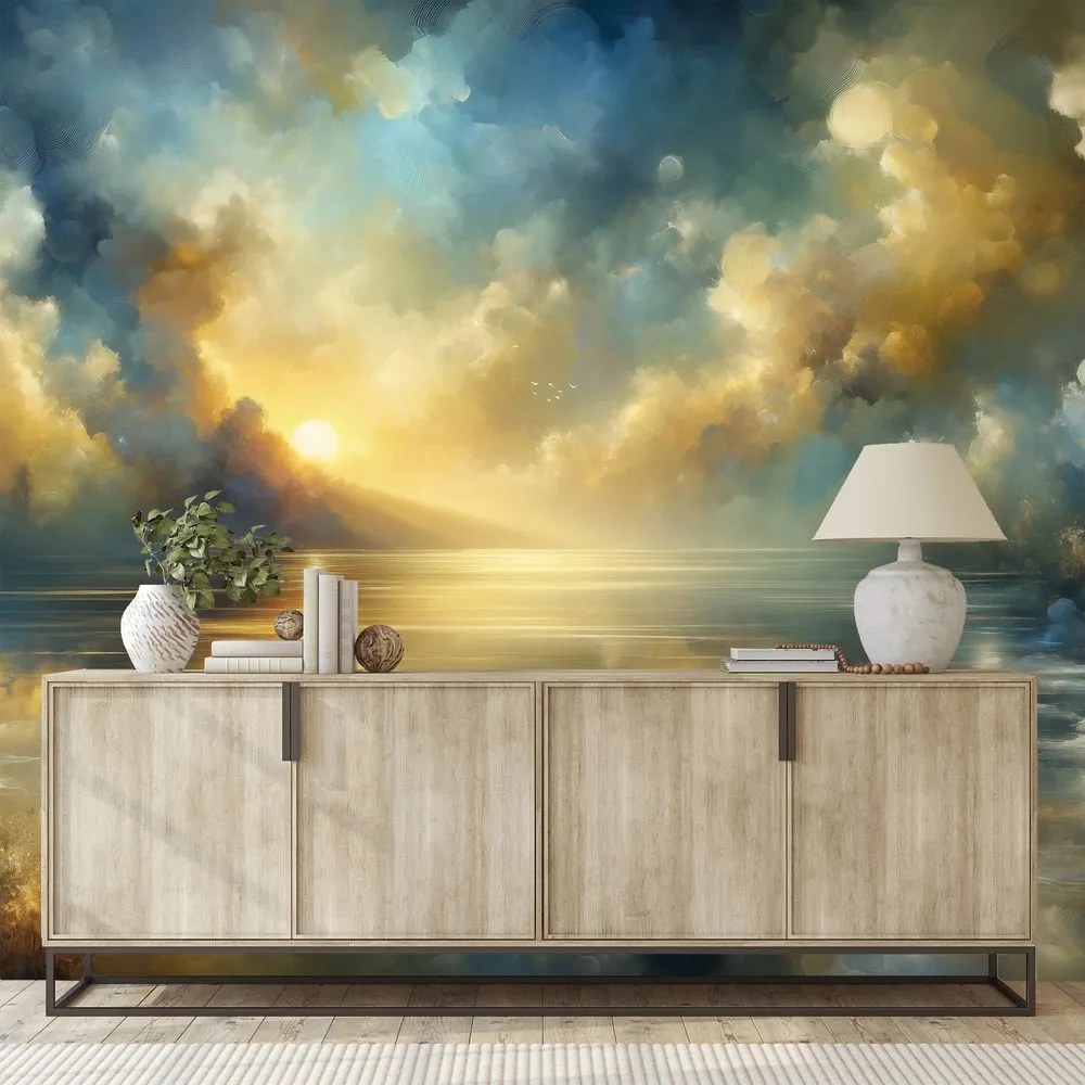 Самозалепващ тапет – Златно слънце над синята вода