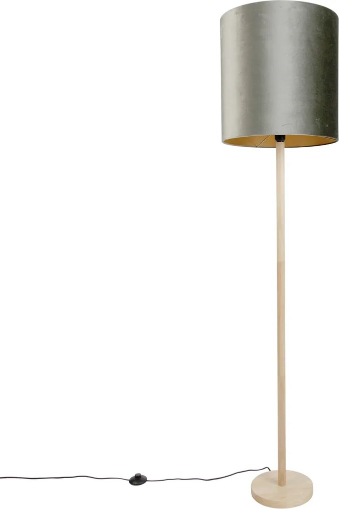 Дървена подова лампа със зелен кадифен абажур 40 см - Mels