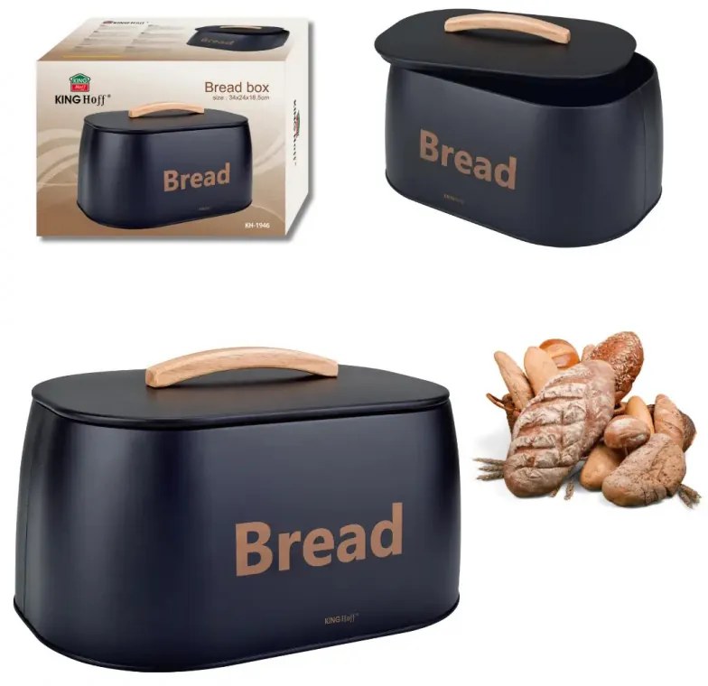 Кутия за хляб Kinghoff KH 1946, 35 см, Метално тяло, Дървена дръжка, Черен