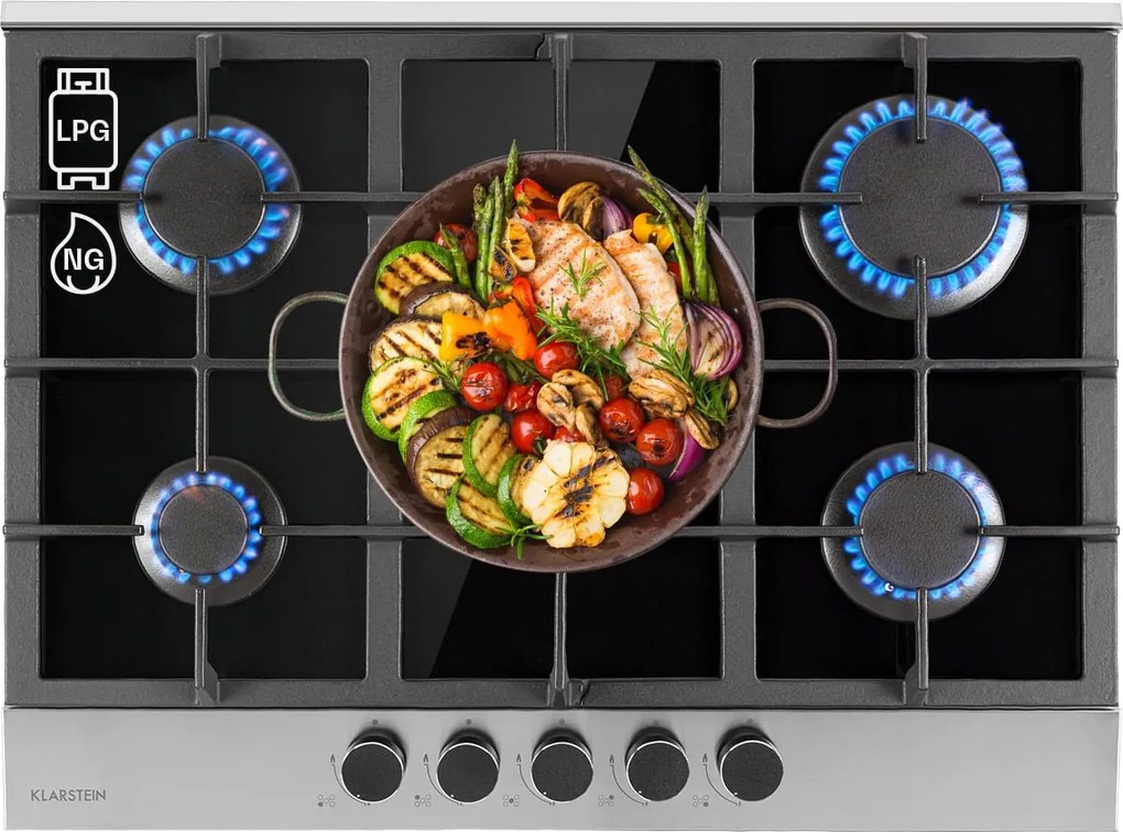 Klarstein Alchemist, 5-зонен газов котлон, алуминиеви горелки, стъклокерамика, черен