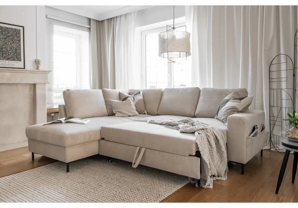 Бежов разтегателен ъглов диван от рипсено кадифе (ляв ъгъл) Lofty Lilly – Miuform