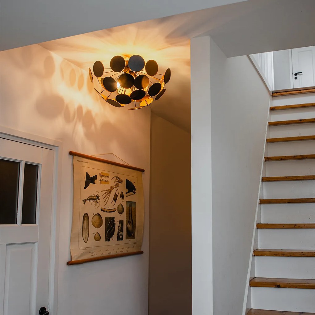 Дизайнерски таванен аплик черен със злато 54 см 3-светлина - Cerchio